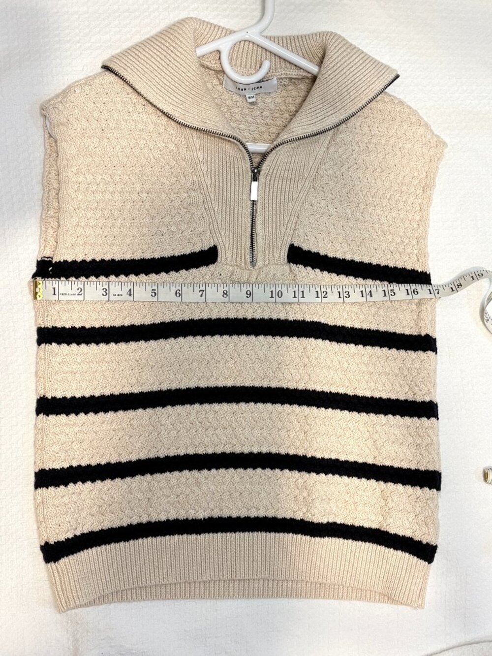 John + Jenn 100% Cotton Quarter Zip Sweater Vest Cream Black Stripe Size Medium - Picture 3 of 4